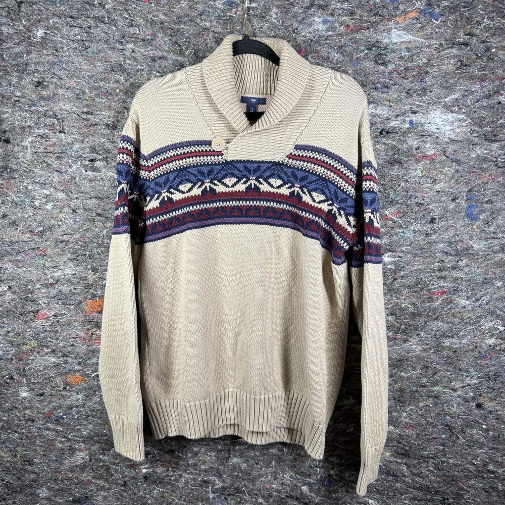 Gap‎ Sweater Mens XL Shawl Neck Fair Isle Oatmeal Preppy Nordic Stripe Pullover